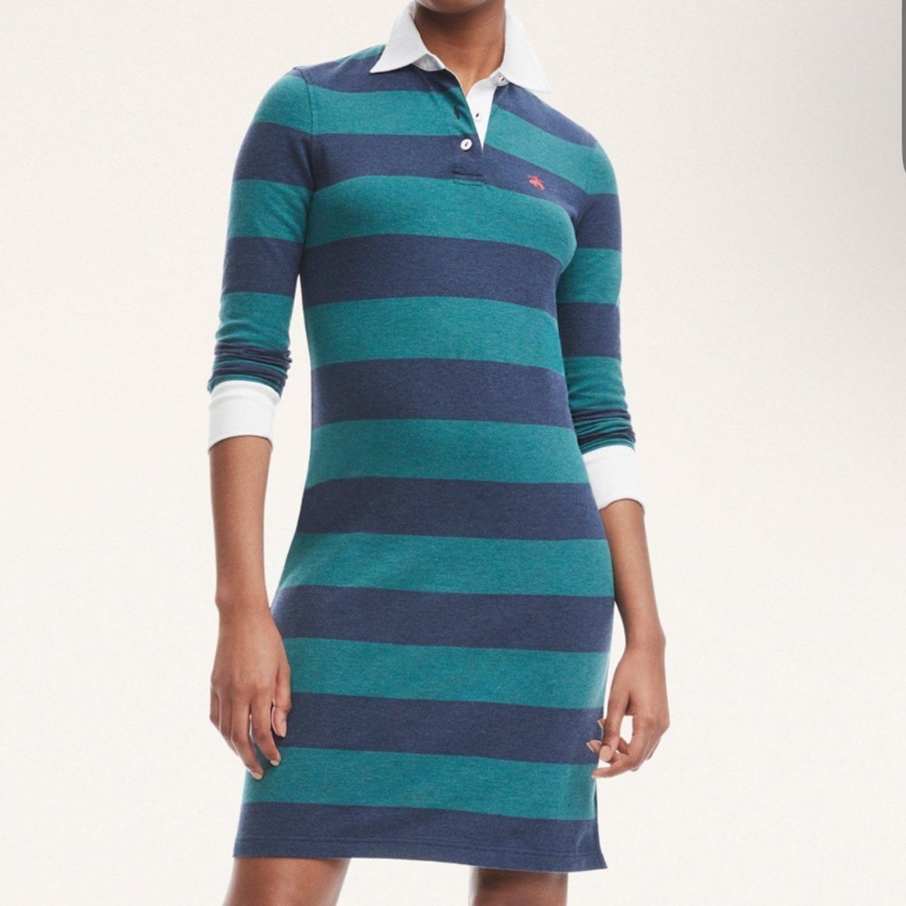 Brooks Brothers | Cotton Pique Rugby Stripe Dress | Long sleeve in teal | Small